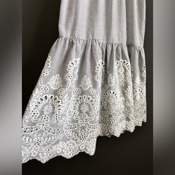 Saylor Striped Gray White Floral Embroidered Midi Dress Wedding Romantic Cottage - Picture 12 of 13